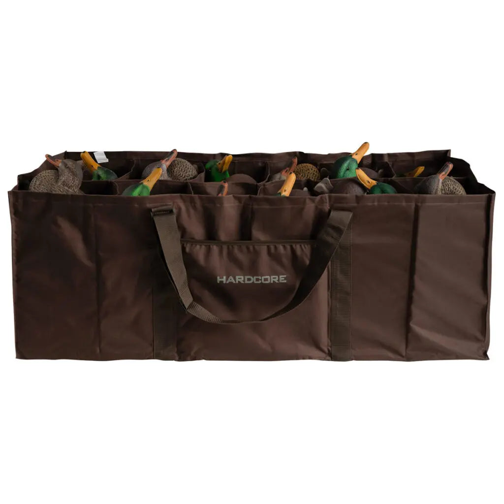 Protect your decoys and keep cords and weights separate with the Hard Core 12-slot bag. Durable, reinforced construction ensures your decoys will be protected for years of use. This bag also features bottom grommets for drainage and air circulation An adj