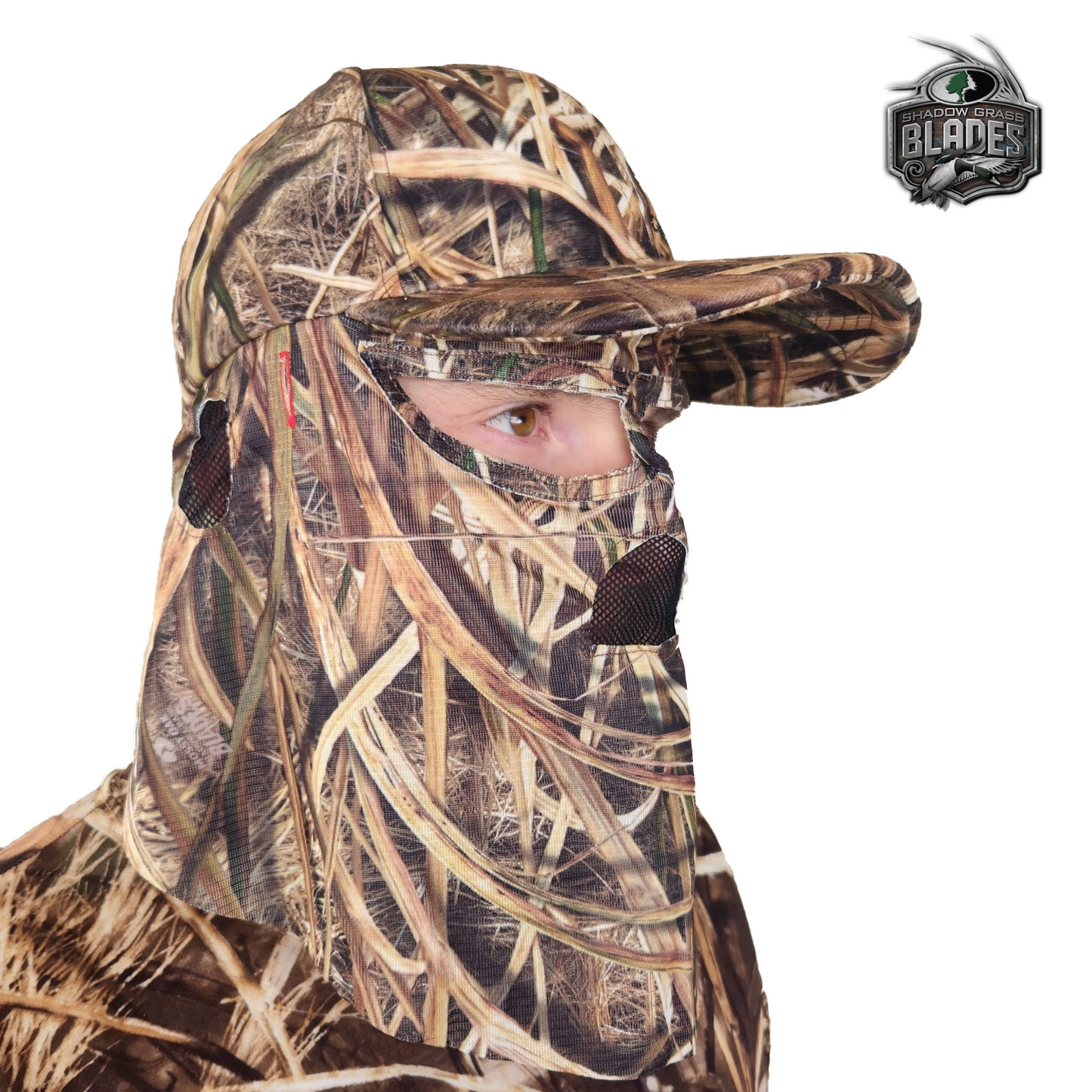 One Size Fits Most SM-XL (Hat size 6 to 8, 54-63cm) Adjustable Velcro Closure Premium Camo Hats w/a Built-in Face MaskQuikCamoThe Fowl Depot2-in-1 FRONT Face Mask and Camo Hat for Duck Hunting