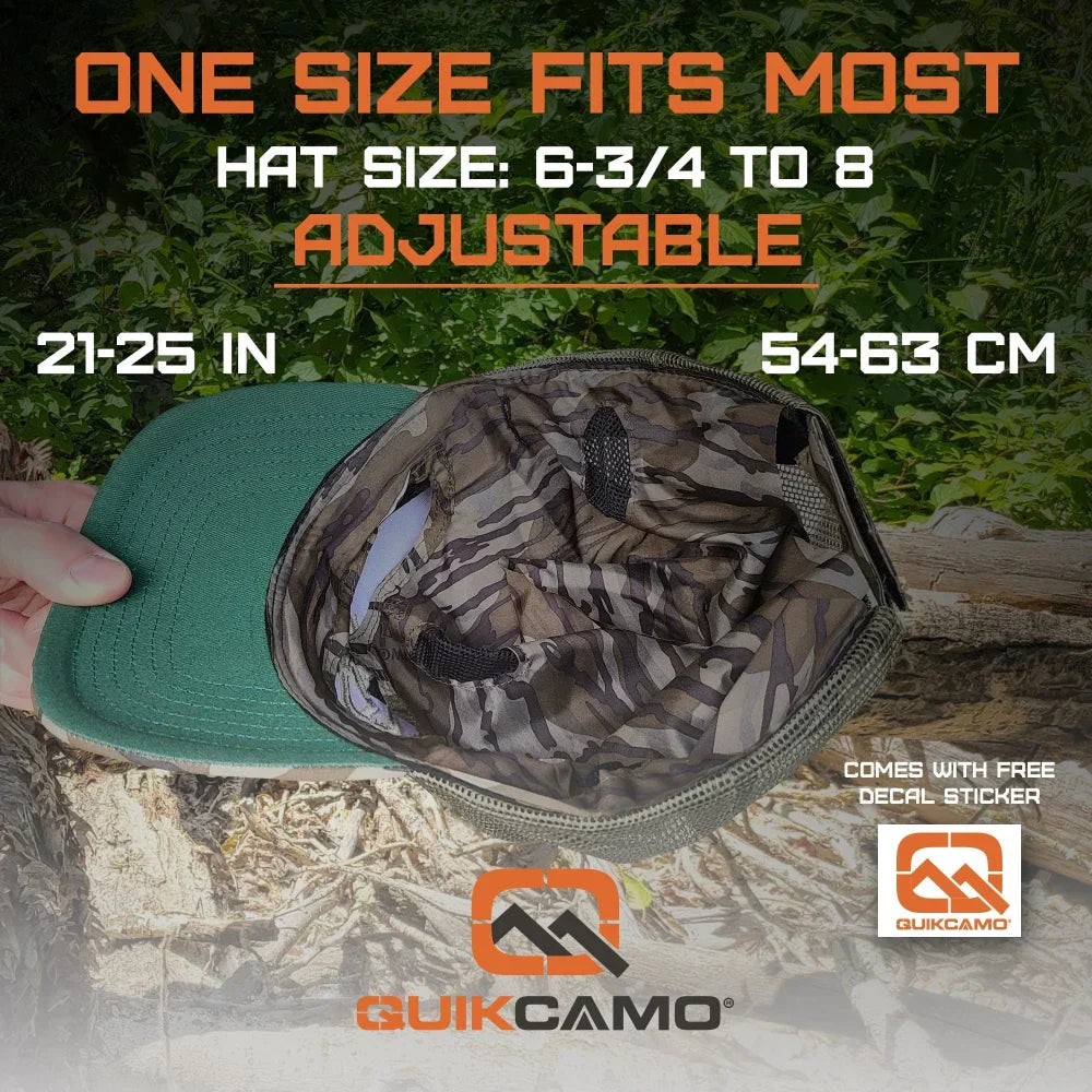 One Size Fits Most SM-XL (Hat size 6 to 8, 54-63cm) Adjustable Velcro Closure Premium Camo Hats w/a Built-in Face MaskQuikCamoThe Fowl Depot2-in-1 FRONT Face Mask and Camo Hat for Duck Hunting