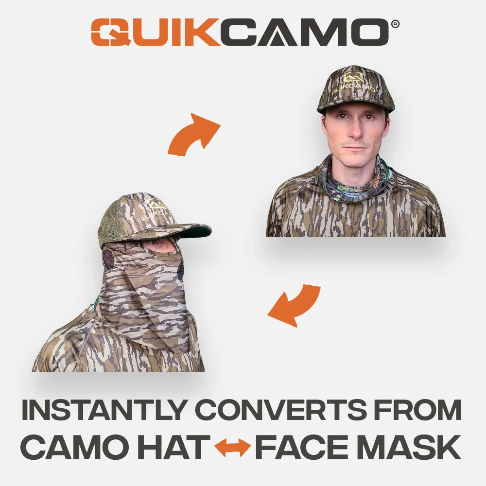 One Size Fits Most SM-XL (Hat size 6 to 8, 54-63cm) Adjustable Velcro Closure Premium Camo Hats w/a Built-in Face MaskQuikCamoThe Fowl Depot2-in-1 FRONT Face Mask and Camo Hat for Duck Hunting