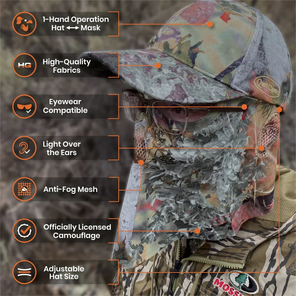 One Size Fits Most SM-XL (Hat size 6 to 8, 54-63cm) Adjustable Velcro Closure Premium Camo Hats w/a Built-in Face MaskQuikCamoThe Fowl Depot2-in-1 FRONT Face Mask and Camo Hat for Duck Hunting
