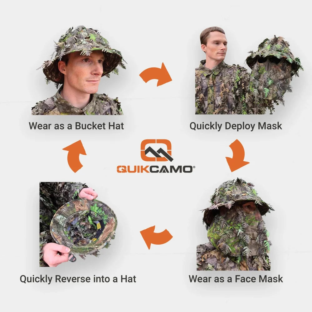 One Size Fits Most SM-XL (Hat size 6 to 8, 54-63cm)Custom Fit with Locking Drawstring Choose From 12 Camo PatternsQuikCamoThe Fowl Depot2-in-1 Leafy Face Mask and Bucket Hat (Adjustable, OSFM)