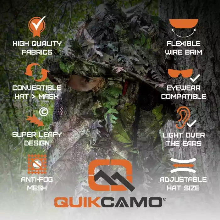 One Size Fits Most SM-XL (Hat size 6 to 8, 54-63cm)Custom Fit with Locking Drawstring Choose From 12 Camo PatternsQuikCamoThe Fowl Depot2-in-1 Leafy Face Mask and Bucket Hat (Adjustable, OSFM)