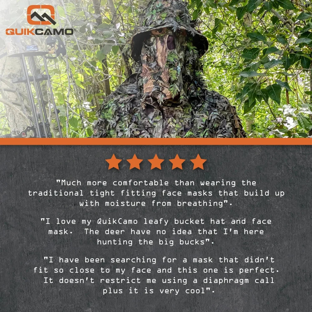 One Size Fits Most SM-XL (Hat size 6 to 8, 54-63cm)Custom Fit with Locking Drawstring Choose From 12 Camo PatternsQuikCamoThe Fowl Depot2-in-1 Leafy Face Mask and Bucket Hat (Adjustable, OSFM)