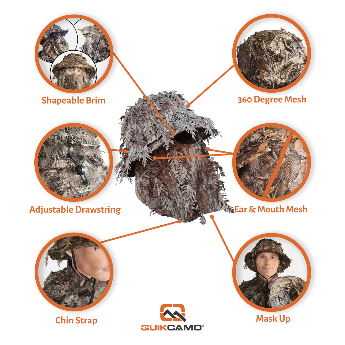 One Size Fits Most SM-XL (Hat size 6 to 8, 54-63cm)Custom Fit with Locking Drawstring Choose From 12 Camo PatternsQuikCamoThe Fowl Depot2-in-1 Leafy Face Mask and Bucket Hat (Adjustable, OSFM)