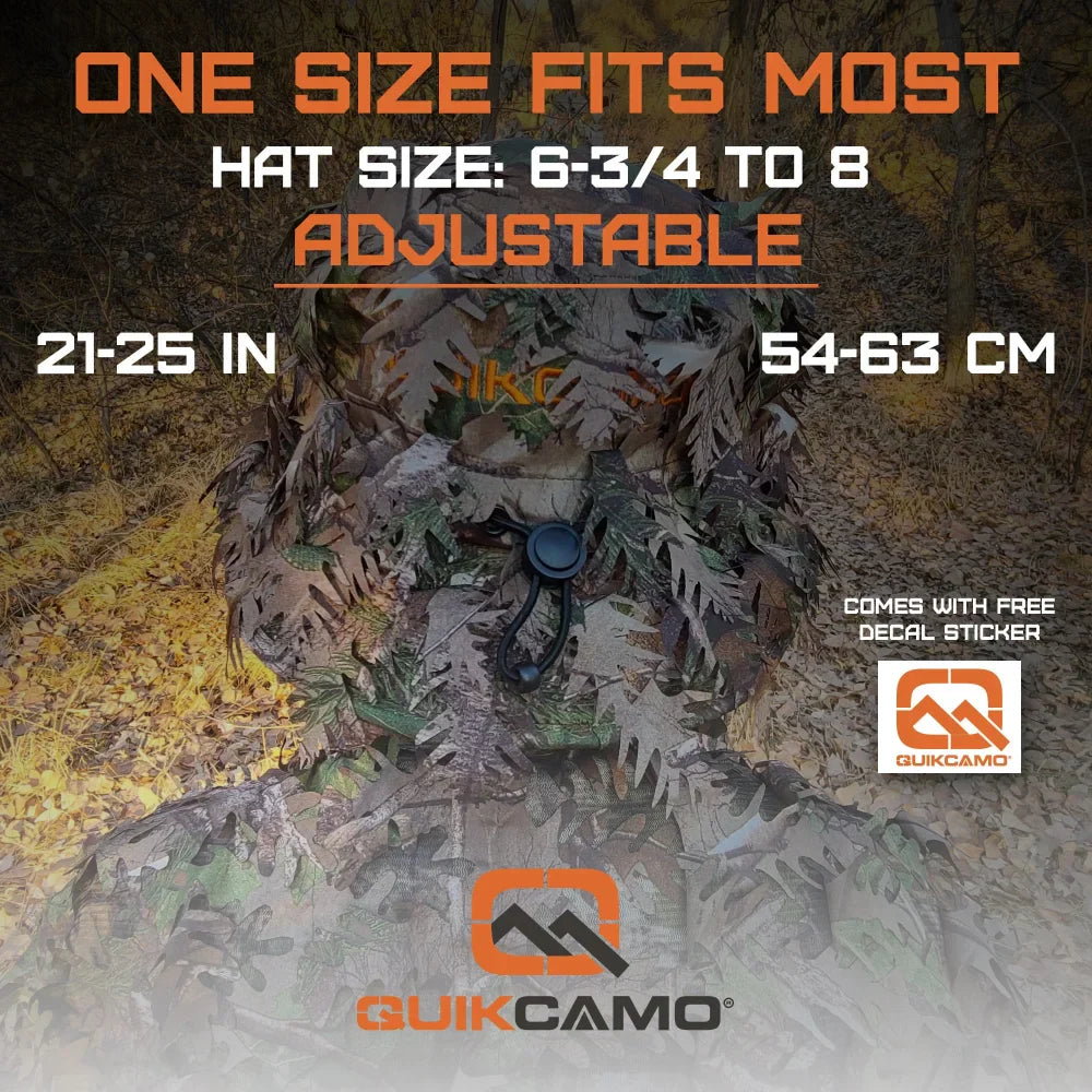 One Size Fits Most SM-XL (Hat size 6 to 8, 54-63cm)Custom Fit with Locking Drawstring Choose From 12 Camo PatternsQuikCamoThe Fowl Depot2-in-1 Leafy Face Mask and Bucket Hat (Adjustable, OSFM)