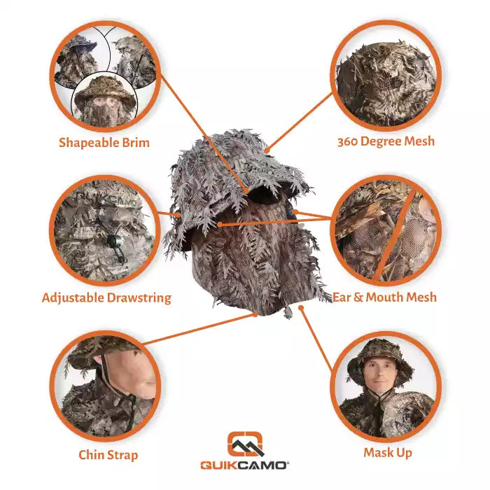 One Size Fits Most SM-XL (Hat size 6 to 8, 54-63cm)Custom Fit with Locking Drawstring Choose From 12 Camo PatternsQuikCamoThe Fowl Depot2-in-1 Leafy Face Mask and Bucket Hat (Adjustable, OSFM)