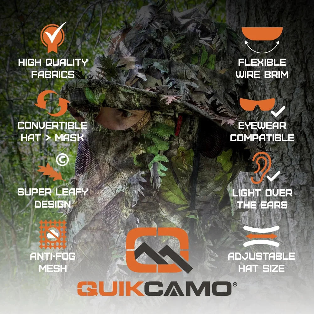 One Size Fits Most SM-XL (Hat size 6 to 8, 54-63cm)Custom Fit with Locking Drawstring Choose From 12 Camo PatternsQuikCamoThe Fowl Depot2-in-1 Leafy Face Mask and Bucket Hat (Adjustable, OSFM)