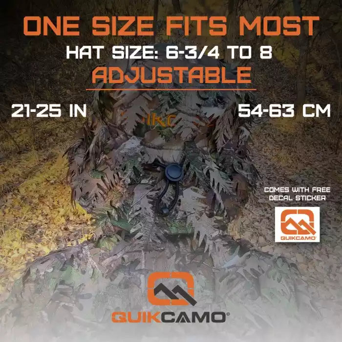 One Size Fits Most SM-XL (Hat size 6 to 8, 54-63cm)Custom Fit with Locking Drawstring Choose From 12 Camo PatternsQuikCamoThe Fowl Depot2-in-1 Leafy Face Mask and Bucket Hat (Adjustable, OSFM)