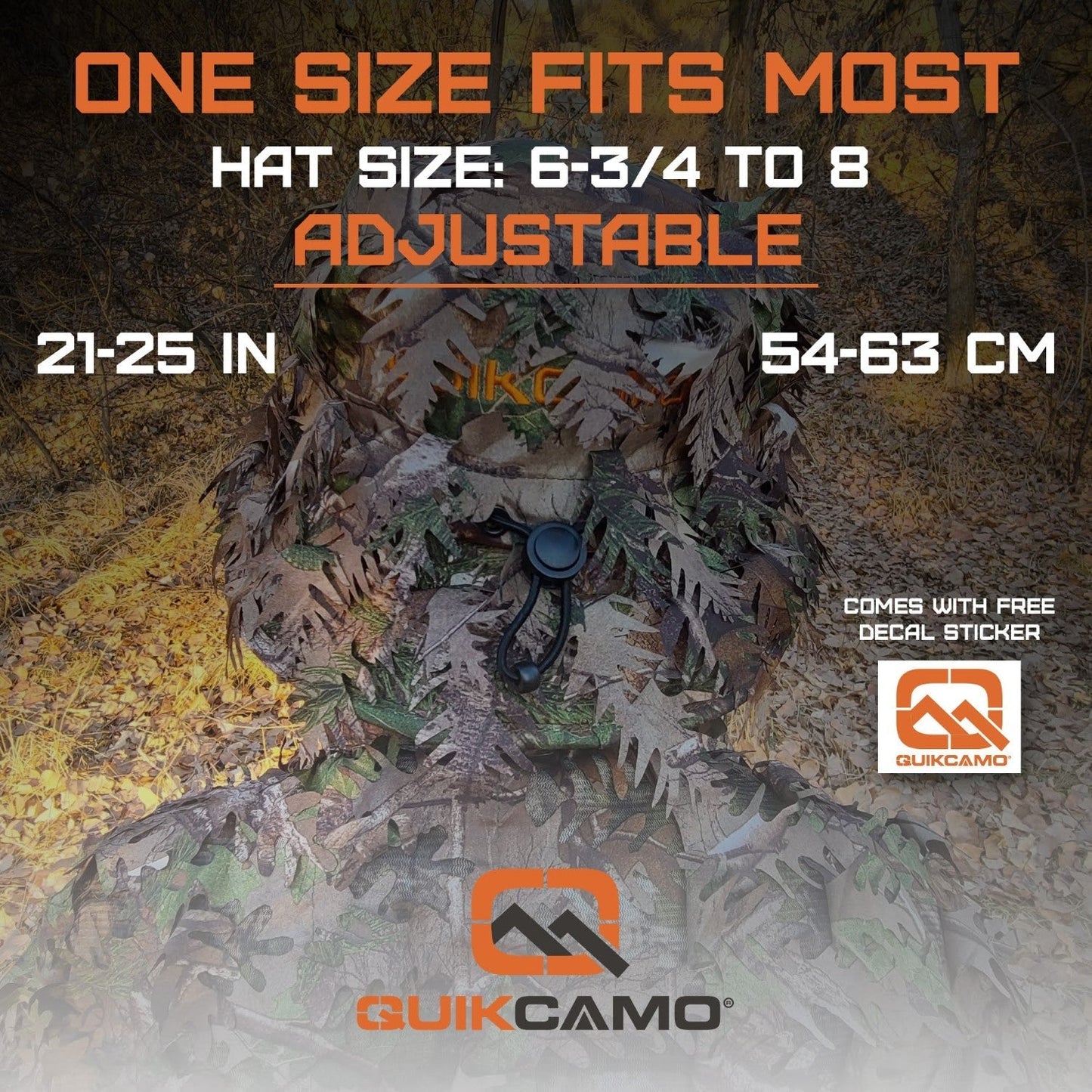 One Size Fits Most SM-XL (Hat size 6 to 8, 54-63cm)Custom Fit with Locking Drawstring Choose From 12 Camo PatternsQuikCamoThe Fowl Depot2-in-1 Leafy Face Mask and Bucket Hat (Adjustable, OSFM)