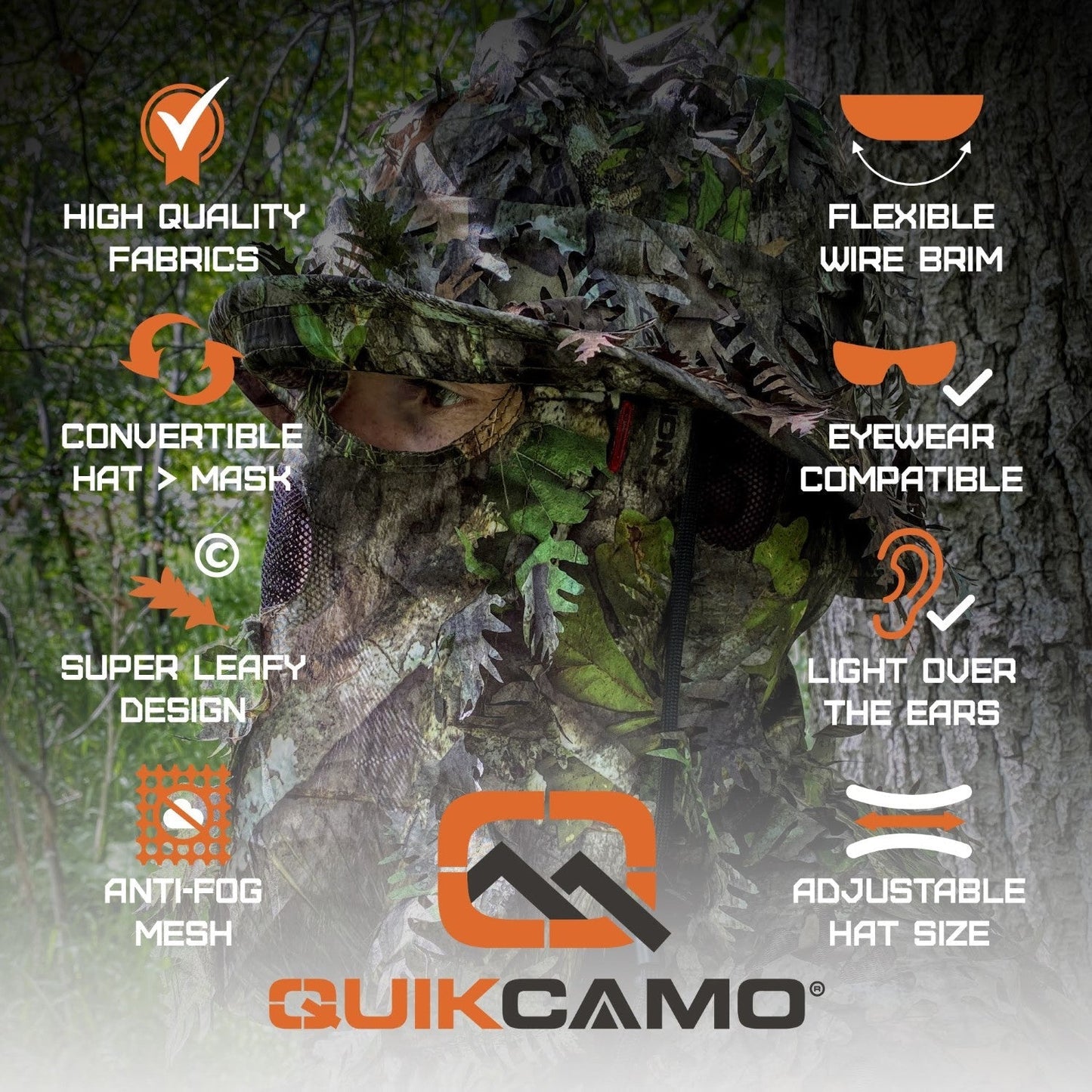 One Size Fits Most SM-XL (Hat size 6 to 8, 54-63cm)Custom Fit with Locking Drawstring Choose From 12 Camo PatternsQuikCamoThe Fowl Depot2-in-1 Leafy Face Mask and Bucket Hat (Adjustable, OSFM)