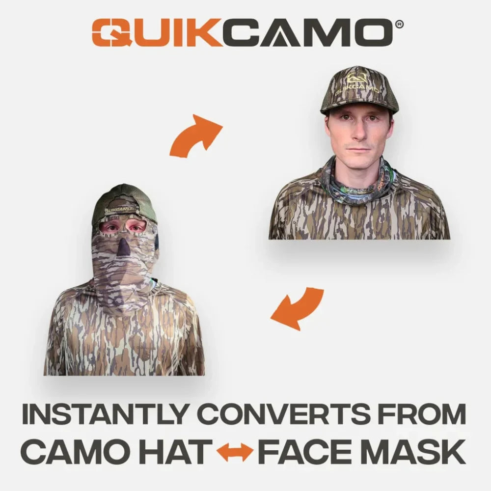 Double Check Your Head Size and Camo Pattern Selection Mask Drops From BACK/REAR of the HatQuikCamoThe Fowl Depot2-in-1 REAR Face Mask and Camo Hat (Fitted)