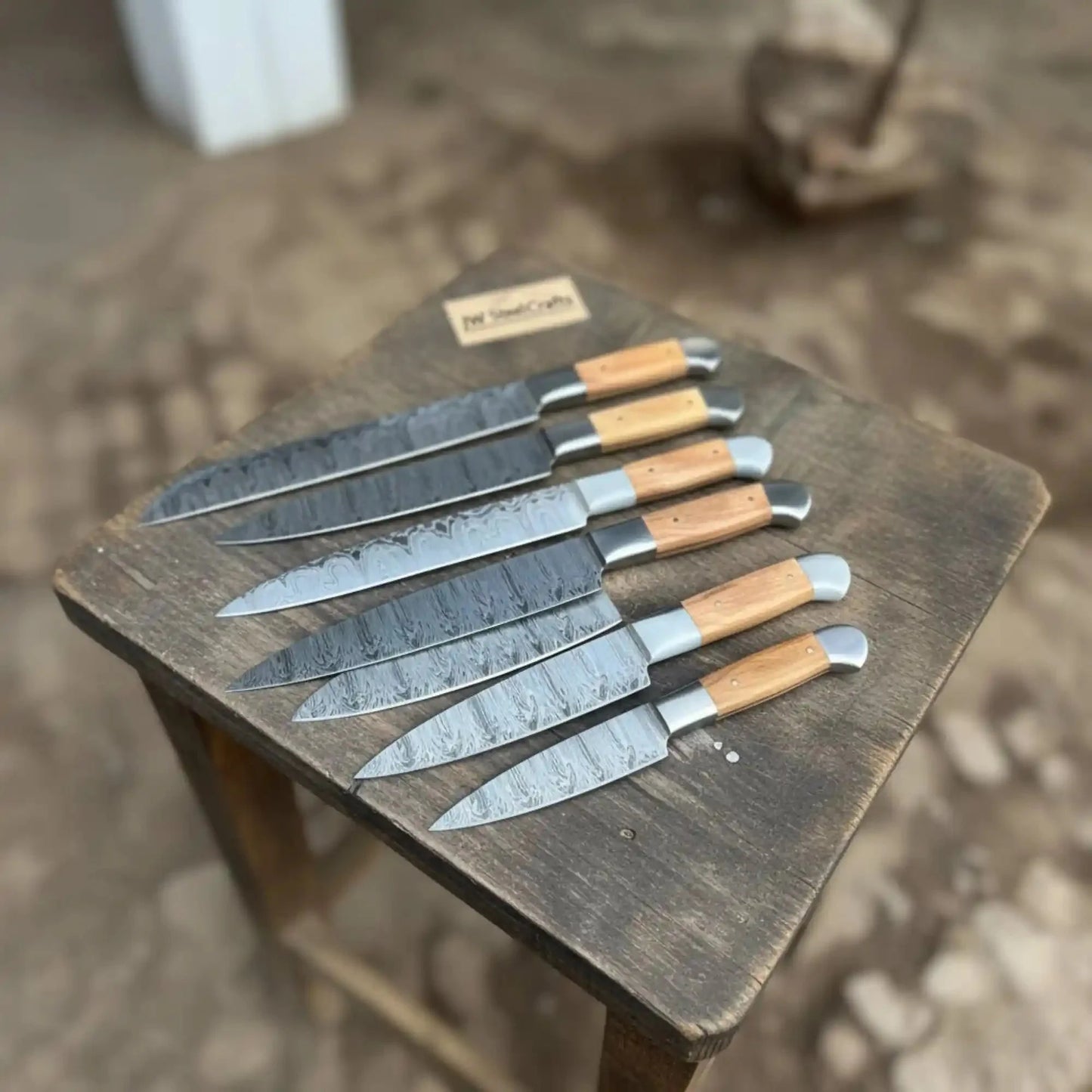 7-Piece Handmade Chef Knife Set — Pattern-Welded Damascus Blades with Natural Wood Handles (Professional Kitchen Set)