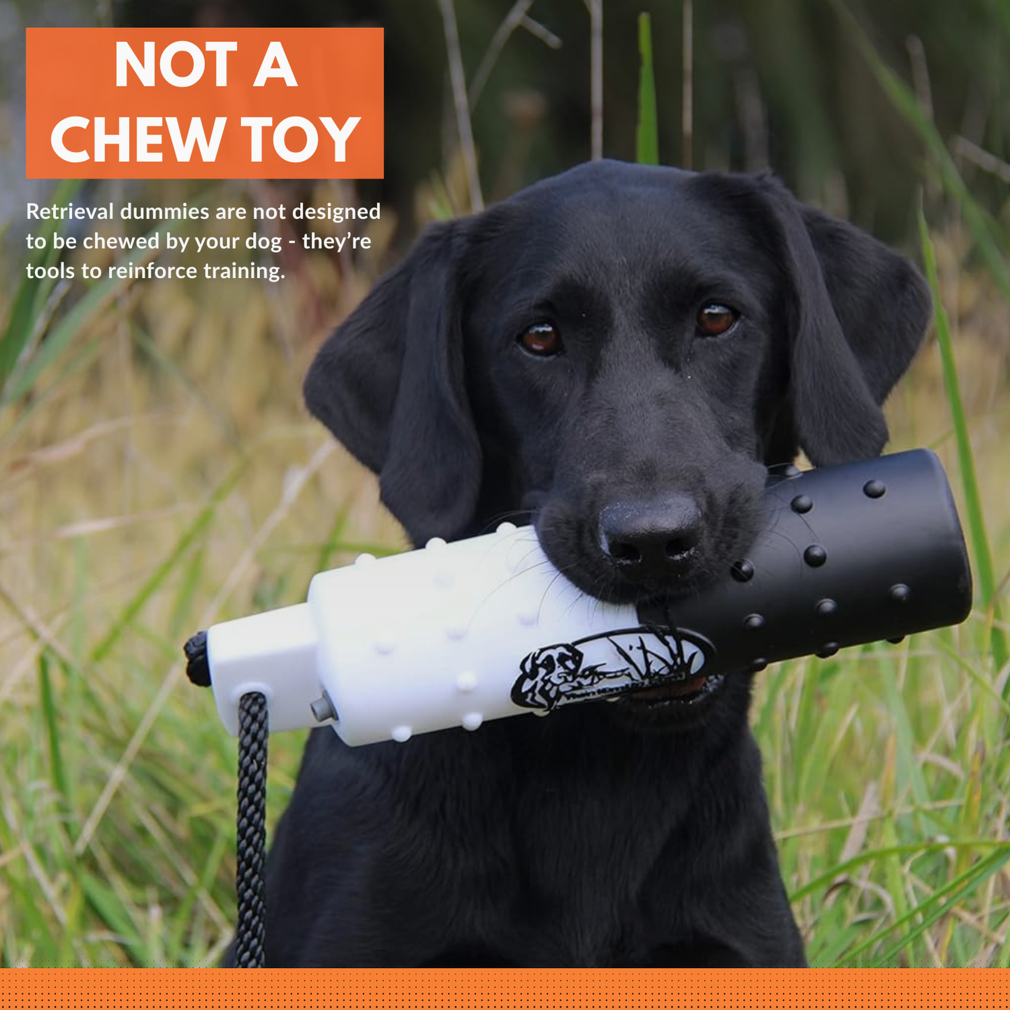 The HuntEmUp 2in Plastic Dog Training Bumper Dummy w/Valve Black White Flasher