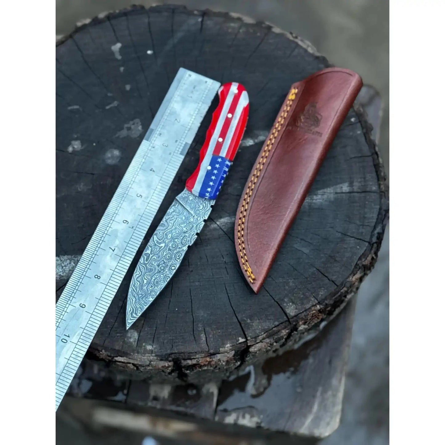 Handcrafted Damascus Steel Utility Knife with American Flag Handle | Leather Sheath | JW SteelCrafts