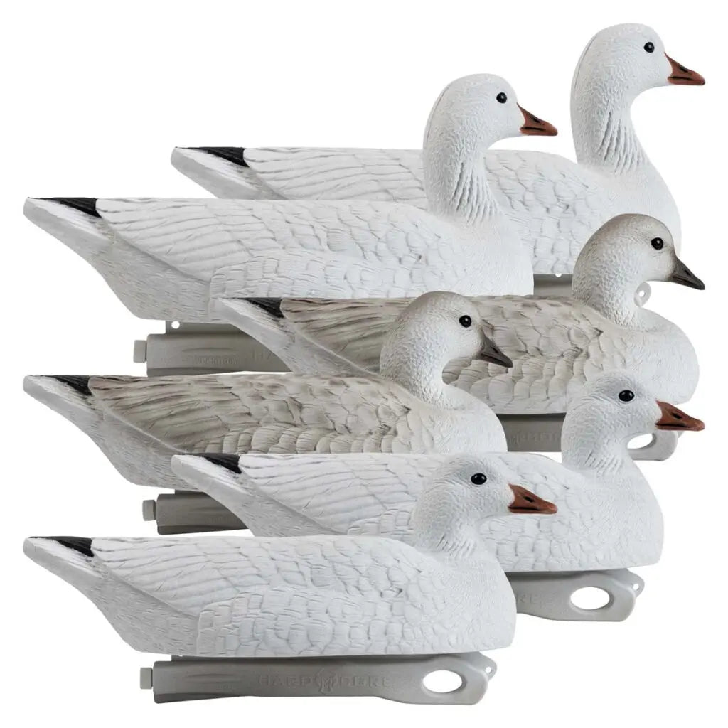 The Hardcore Waterfowl Floater Sentry Adult Snow Goose decoy 6-pack is tough as nails and feature-rich. Our ultra-durable FowlFlex™ technology withstands everyday abuse while our WhaleTail™ keel and true-to-life paint schemes create lifelike movements and