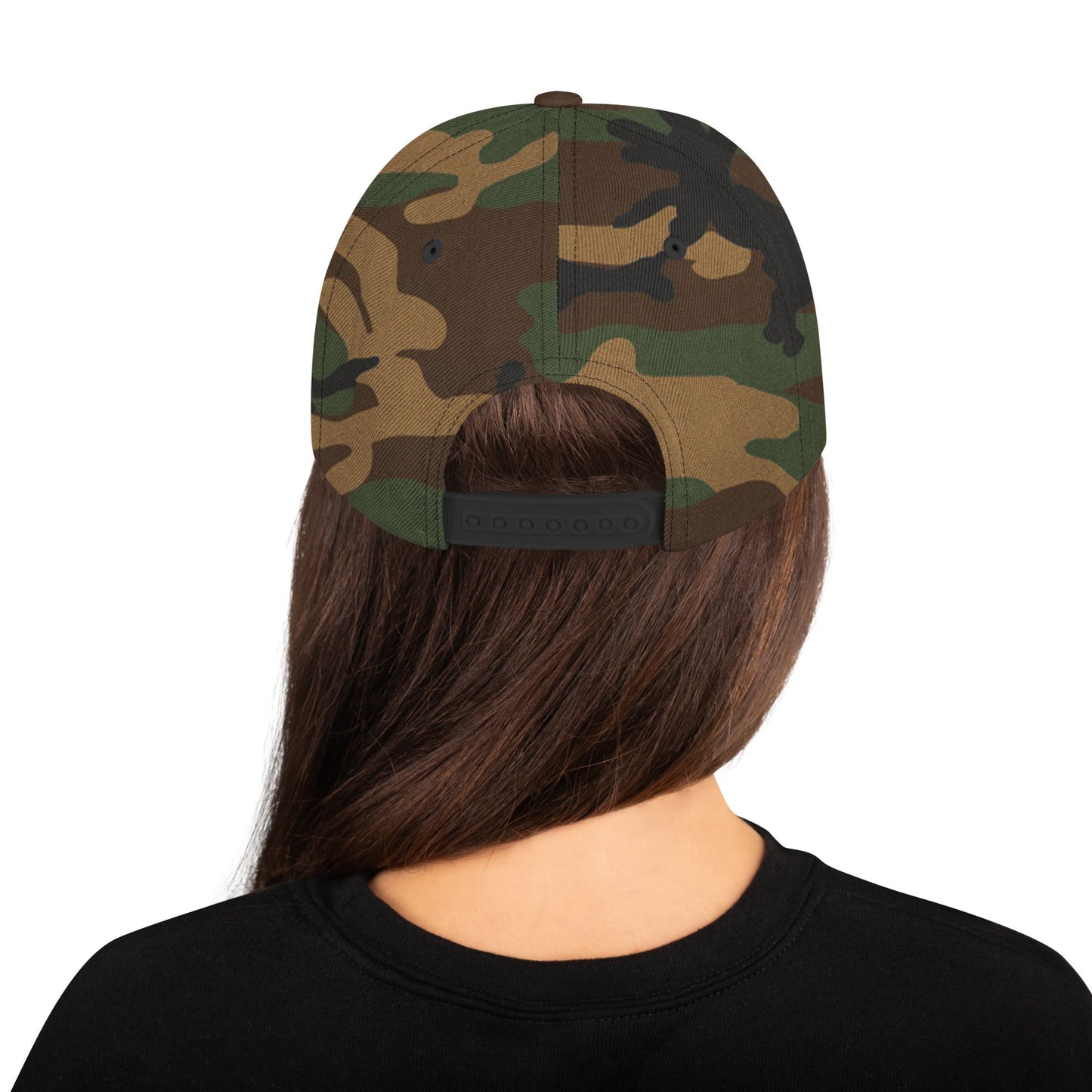 This hat is structured with a classic fit, flat brim, and full buckram. The adjustable snap closure makes it a comfortable, one-size-fits-most hat. • 80% acrylic, 20% wool • Green Camo is 60% cotton, 40% polyester • Structured, 6-panel, high-profile • 6 e