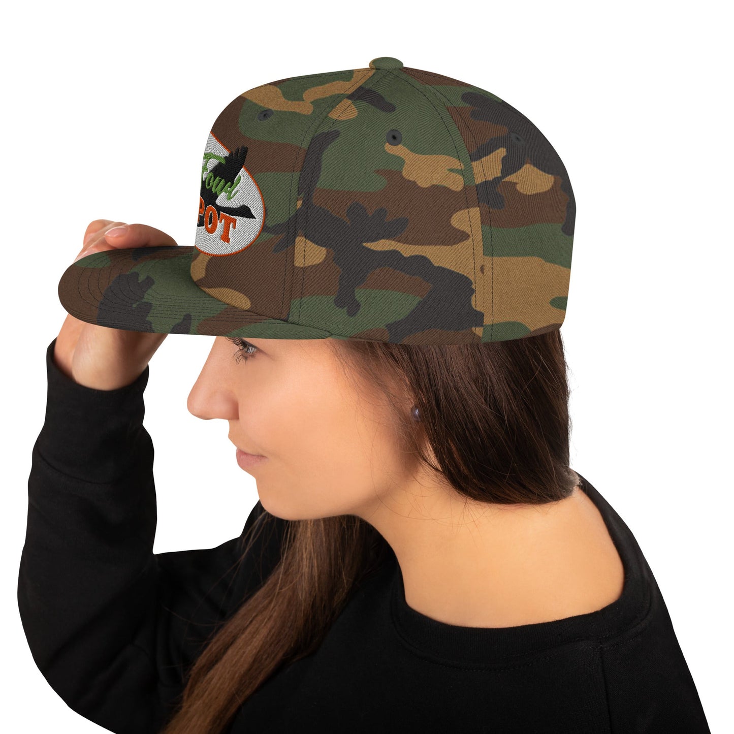 This hat is structured with a classic fit, flat brim, and full buckram. The adjustable snap closure makes it a comfortable, one-size-fits-most hat. • 80% acrylic, 20% wool • Green Camo is 60% cotton, 40% polyester • Structured, 6-panel, high-profile • 6 e