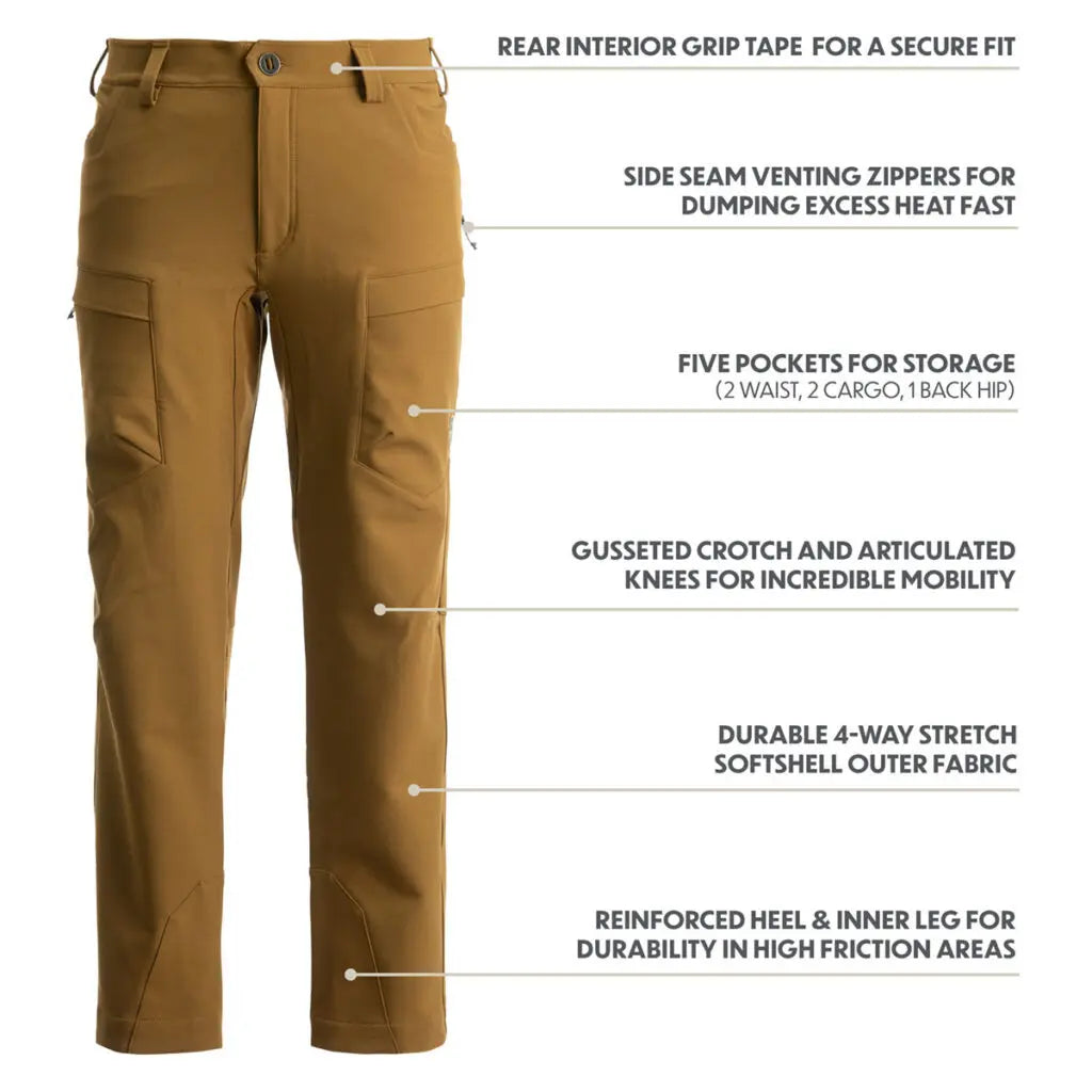 The new Softshell Pant is perfectly engineered with tech-savvy features including side seam vent zippers that can be opened for cooling down when midday temps peak, or during laborious hikes in and out. The gusseted crotch and articulated knees offer outs
