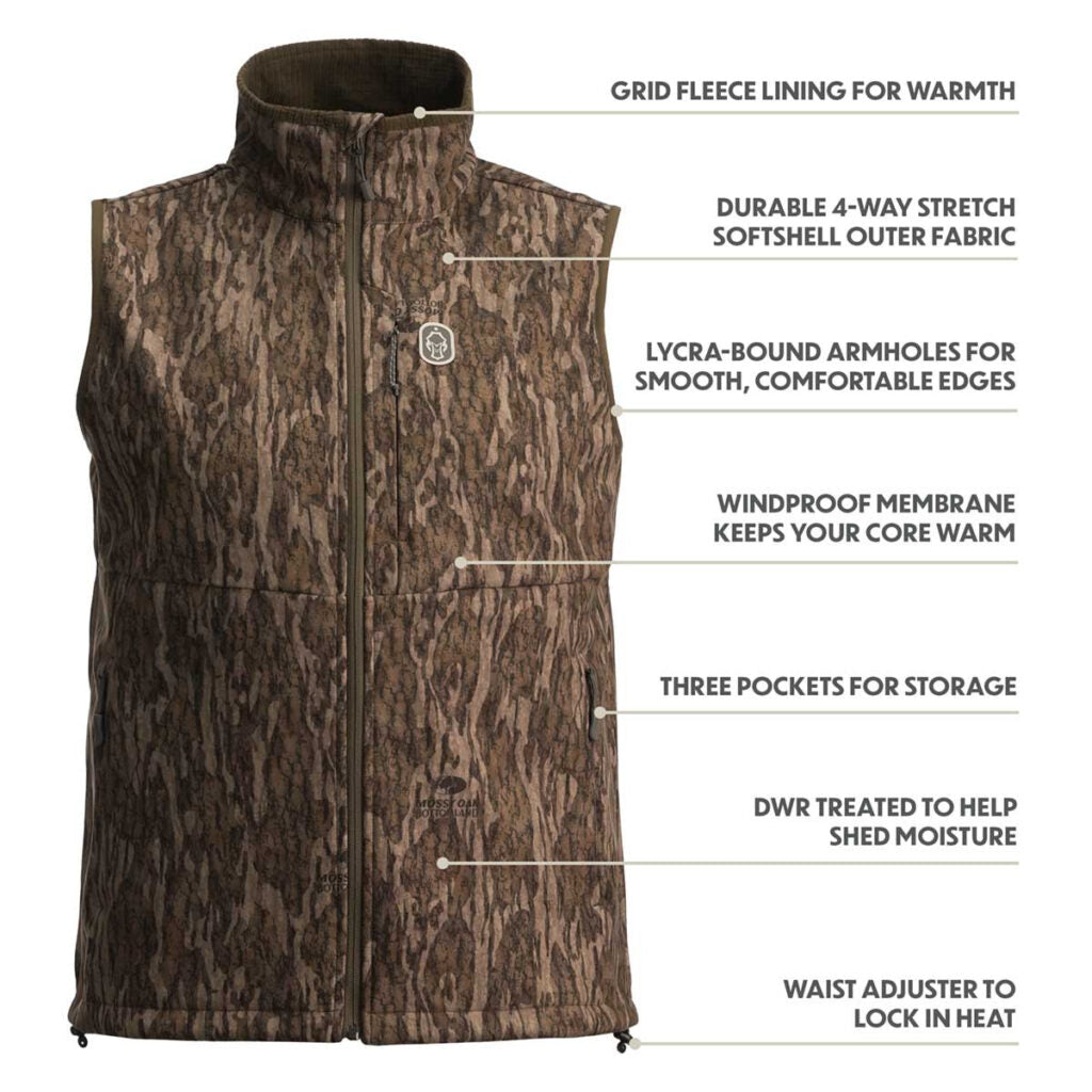 The new Softshell Vest is windproof, breathable, and highly water-resistant, while simultaneously allowing for mobility and providing comfort not always associated with hunting clothes. The outer shell features a DWR-treated four-way stretch, smooth ripst