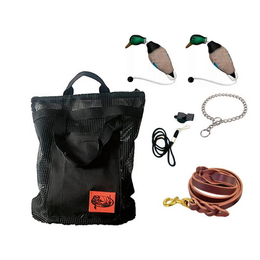 HuntEmUp Hunting Dog Essentials Training Kit - Mesh Bumper Storage Bag + Dead Fowl Mallard Dummy 2 pc + Whistle & Lanyard + Braided Leather Leash + Training Chain