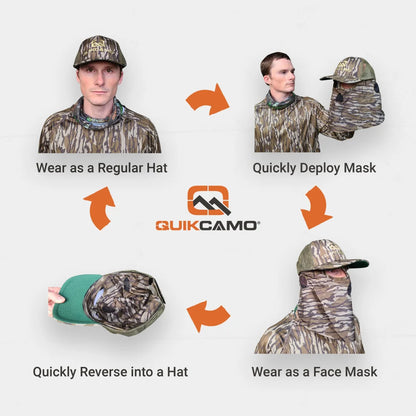 One Size Fits Most SM-XL (Hat size 6 to 8, 54-63cm) Adjustable Velcro Closure Premium Camo Hats w/a Built-in Face MaskQuikCamoThe Fowl Depot2-in-1 FRONT Face Mask and Camo Hat for Duck Hunting