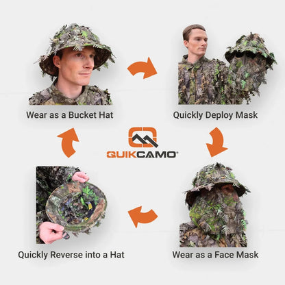 One Size Fits Most SM-XL (Hat size 6 to 8, 54-63cm)Custom Fit with Locking Drawstring Choose From 12 Camo PatternsQuikCamoThe Fowl Depot2-in-1 Leafy Face Mask and Bucket Hat (Adjustable, OSFM)