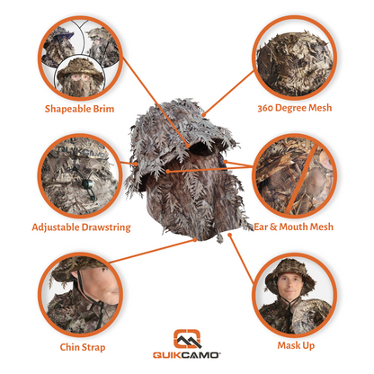 One Size Fits Most SM-XL (Hat size 6 to 8, 54-63cm)Custom Fit with Locking Drawstring Choose From 12 Camo PatternsQuikCamoThe Fowl Depot2-in-1 Leafy Face Mask and Bucket Hat (Adjustable, OSFM)