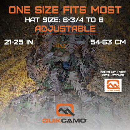 One Size Fits Most SM-XL (Hat size 6 to 8, 54-63cm)Custom Fit with Locking Drawstring Choose From 12 Camo PatternsQuikCamoThe Fowl Depot2-in-1 Leafy Face Mask and Bucket Hat (Adjustable, OSFM)