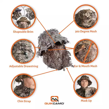 One Size Fits Most SM-XL (Hat size 6 to 8, 54-63cm)Custom Fit with Locking Drawstring Choose From 12 Camo PatternsQuikCamoThe Fowl Depot2-in-1 Leafy Face Mask and Bucket Hat (Adjustable, OSFM)