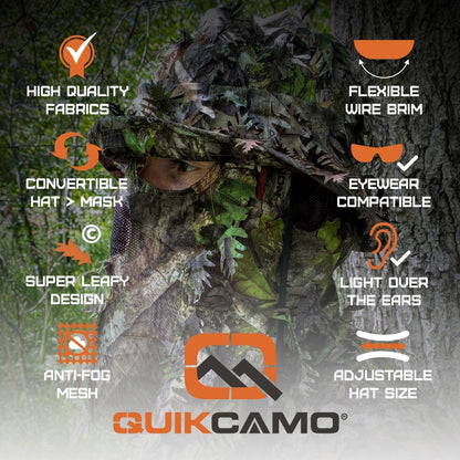 One Size Fits Most SM-XL (Hat size 6 to 8, 54-63cm)Custom Fit with Locking Drawstring Choose From 12 Camo PatternsQuikCamoThe Fowl Depot2-in-1 Leafy Face Mask and Bucket Hat (Adjustable, OSFM)