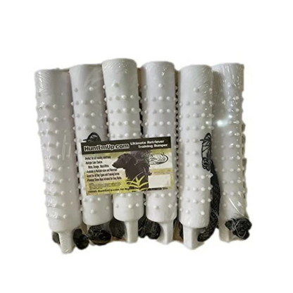 HuntEmUp Hunting Dog Essentials Training Kit - 6 pc Regular Plastic Dog Training Bumper with Throw Rope - White + Bumper Mesh Bird Bag with Adjustable Strap