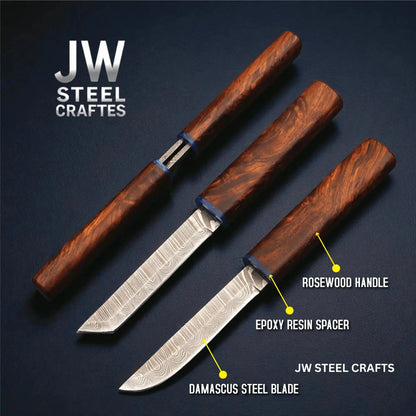 3-Piece Handmade Knife Set — 5-Inch Damascus Utility Blades with Rosewood Handles & Interlocking Scabbard