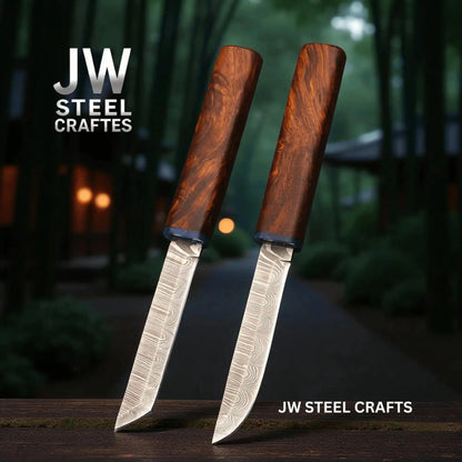 3-Piece Handmade Knife Set — 5-Inch Damascus Utility Blades with Rosewood Handles & Interlocking Scabbard
