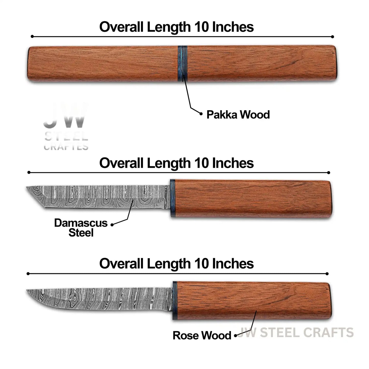 3-Piece Handmade Knife Set — 5-Inch Damascus Utility Blades with Rosewood Handles & Interlocking Scabbard