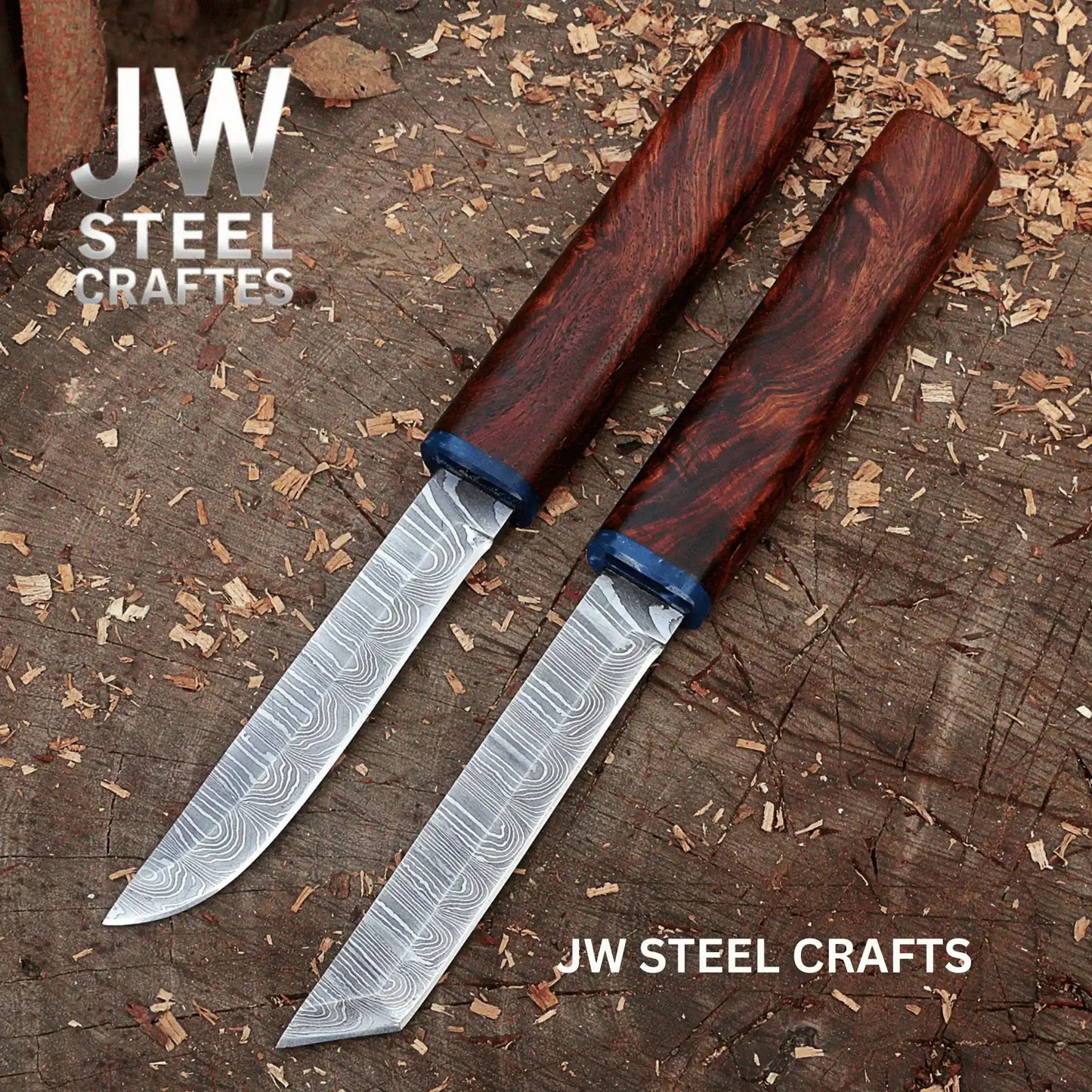 3-Piece Handmade Knife Set — 5-Inch Damascus Utility Blades with Rosewood Handles & Interlocking Scabbard