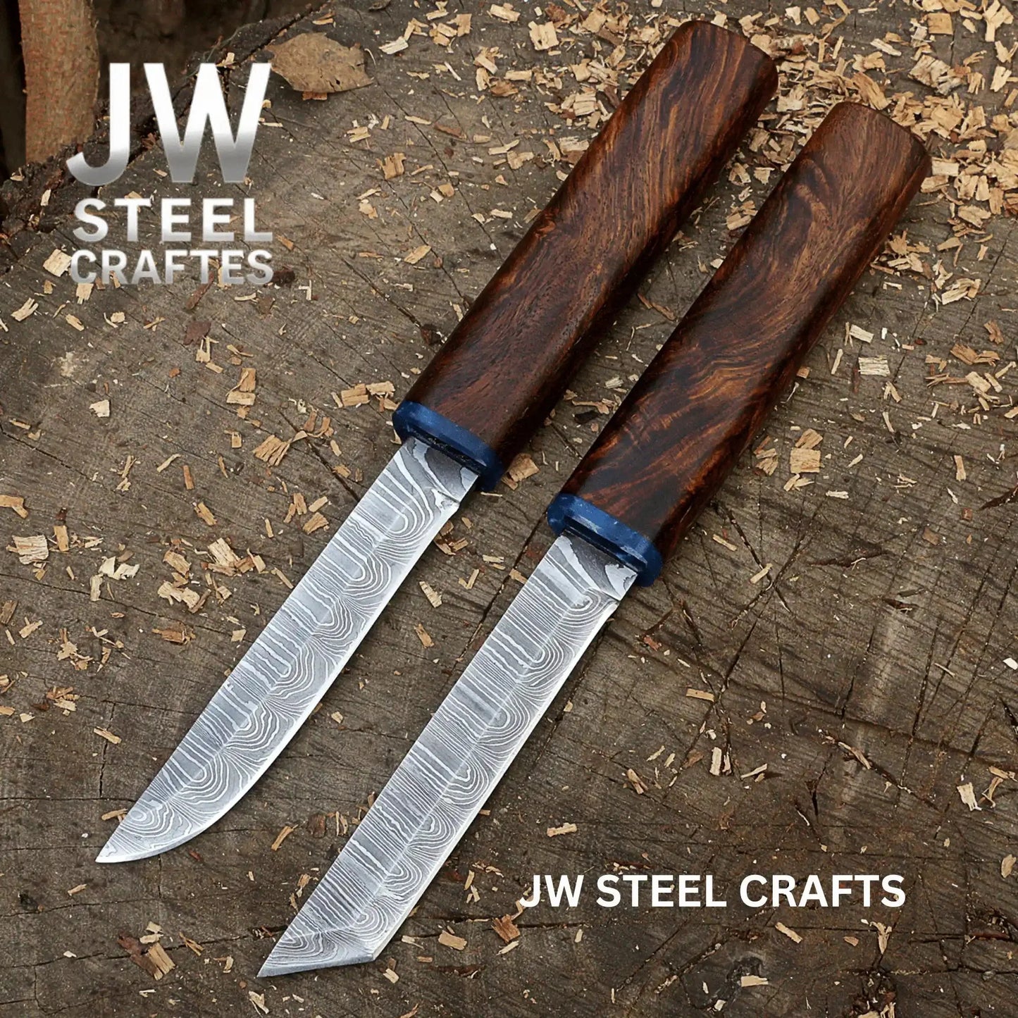 3-Piece Handmade Knife Set — 5-Inch Damascus Utility Blades with Rosewood Handles & Interlocking Scabbard