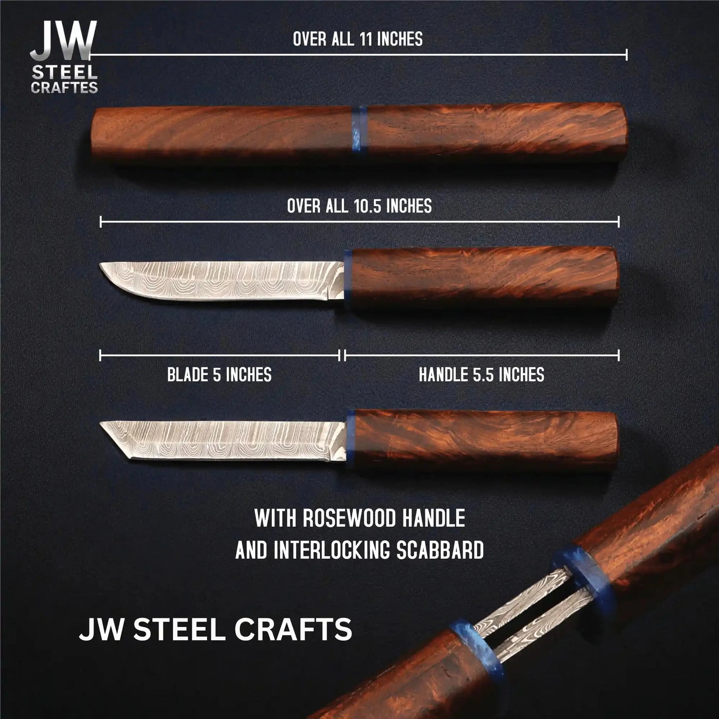 3-Piece Handmade Knife Set — 5-Inch Damascus Utility Blades with Rosewood Handles & Interlocking Scabbard
