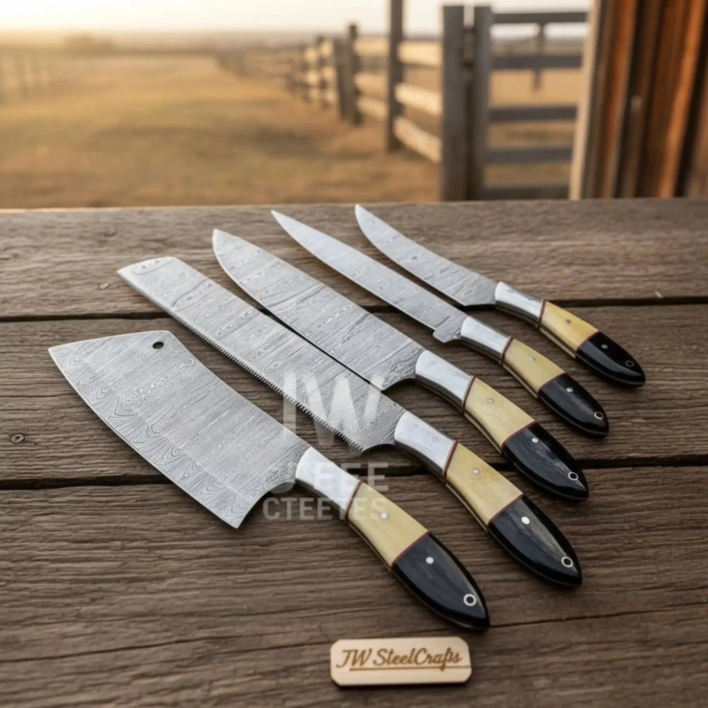 5-Piece Handmade Kitchen Knife Set — Damascus Steel Blades with Natural Wood & Black Resin Handles (Professional Prep Set)