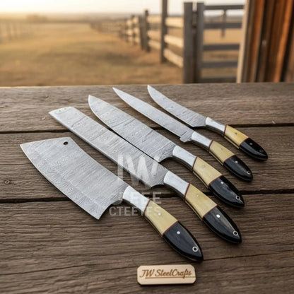 5-Piece Handmade Kitchen Knife Set — Damascus Steel Blades with Natural Wood & Black Resin Handles (Professional Prep Set)
