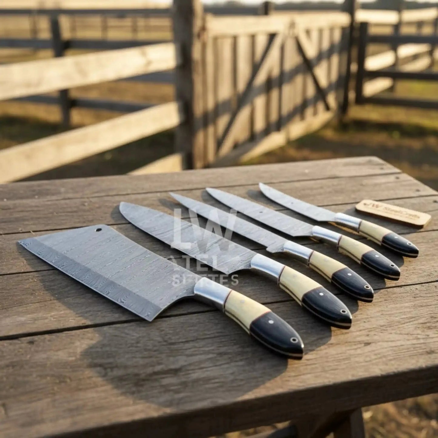 5-Piece Handmade Kitchen Knife Set — Damascus Steel Blades with Natural Wood & Black Resin Handles (Professional Prep Set)