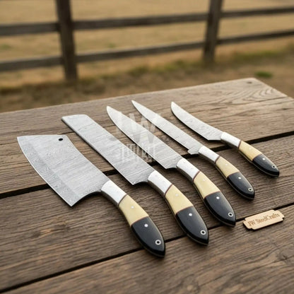 5-Piece Handmade Kitchen Knife Set — Damascus Steel Blades with Natural Wood & Black Resin Handles (Professional Prep Set)