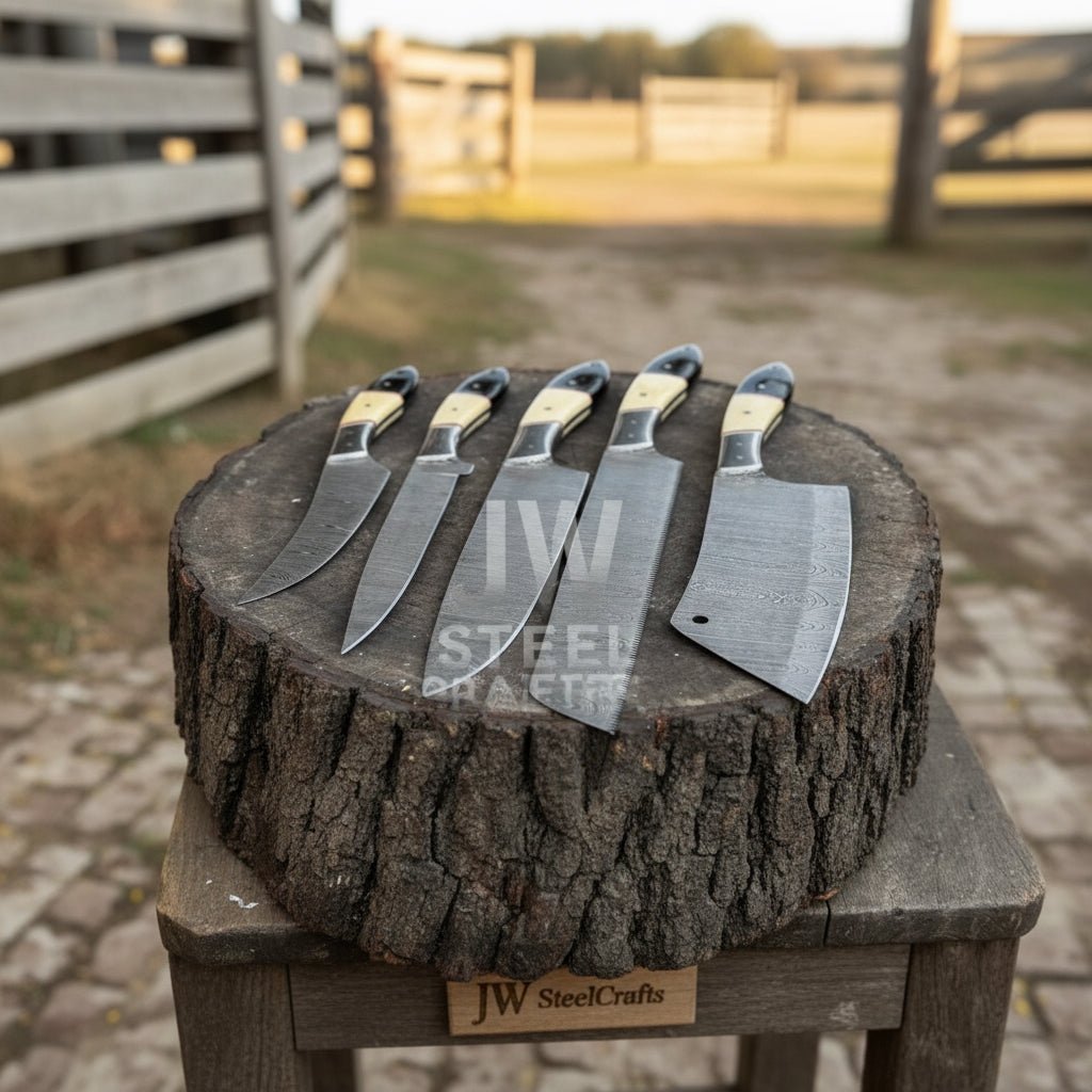 5-Piece Handmade Kitchen Knife Set — Damascus Steel Blades with Natural Wood & Black Resin Handles (Professional Prep Set)