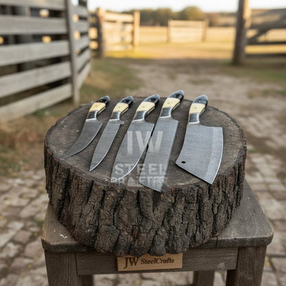 5-Piece Handmade Kitchen Knife Set — Damascus Steel Blades with Natural Wood & Black Resin Handles (Professional Prep Set)
