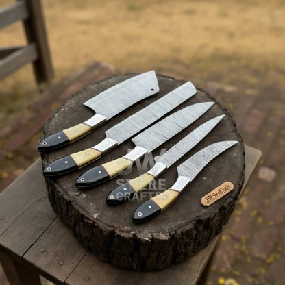 5-Piece Handmade Kitchen Knife Set — Damascus Steel Blades with Natural Wood & Black Resin Handles (Professional Prep Set)