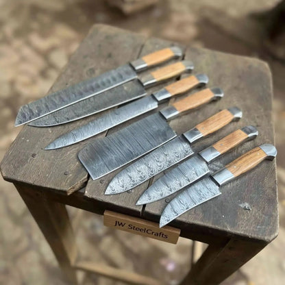 7-Piece Handmade Chef Knife Set — Pattern-Welded Damascus Blades with Natural Wood Handles (Professional Kitchen Set)