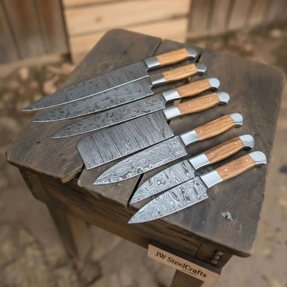 7-Piece Handmade Chef Knife Set — Pattern-Welded Damascus Blades with Natural Wood Handles (Professional Kitchen Set)