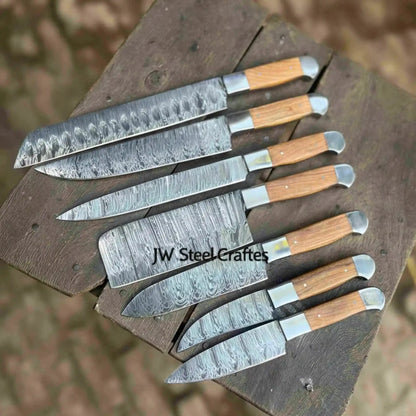 7-Piece Handmade Chef Knife Set — Pattern-Welded Damascus Blades with Natural Wood Handles (Professional Kitchen Set)