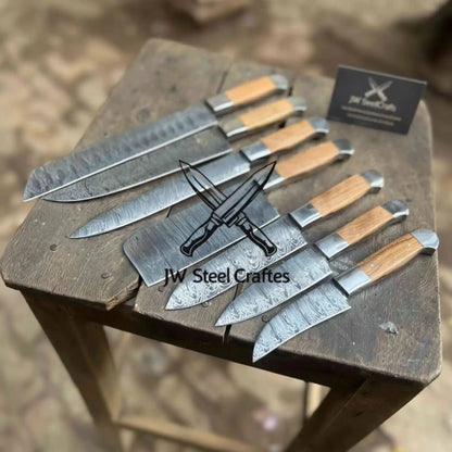7-Piece Handmade Chef Knife Set — Pattern-Welded Damascus Blades with Natural Wood Handles (Professional Kitchen Set)