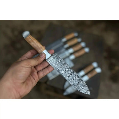 7-Piece Handmade Chef Knife Set — Pattern-Welded Damascus Blades with Natural Wood Handles (Professional Kitchen Set)